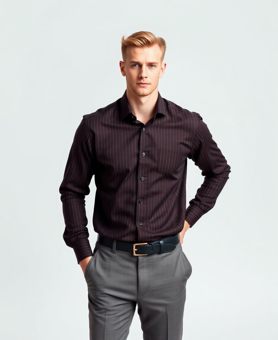 Mens Long Sleeve Manhattan Striped Shirt - Brown