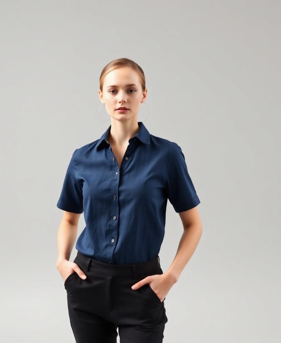 Ladies Short Sleeve Oxford Shirt - Navy