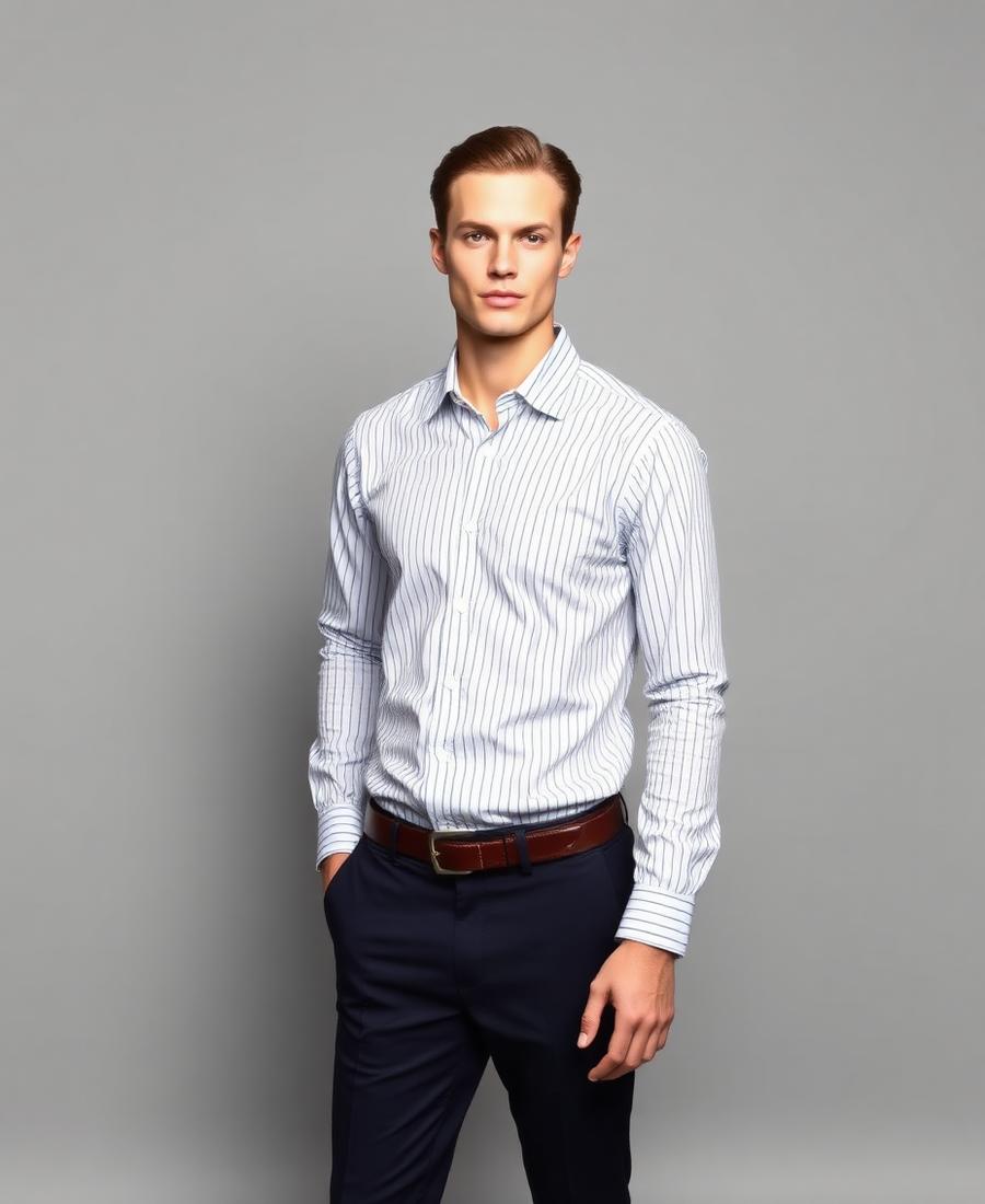 Mens Long Sleeve Manhattan Striped Shirt - White Navy