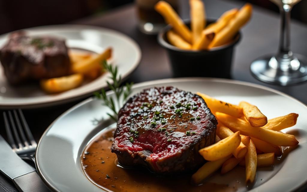 Pan-seared rump & crispy oven chips cooked at home