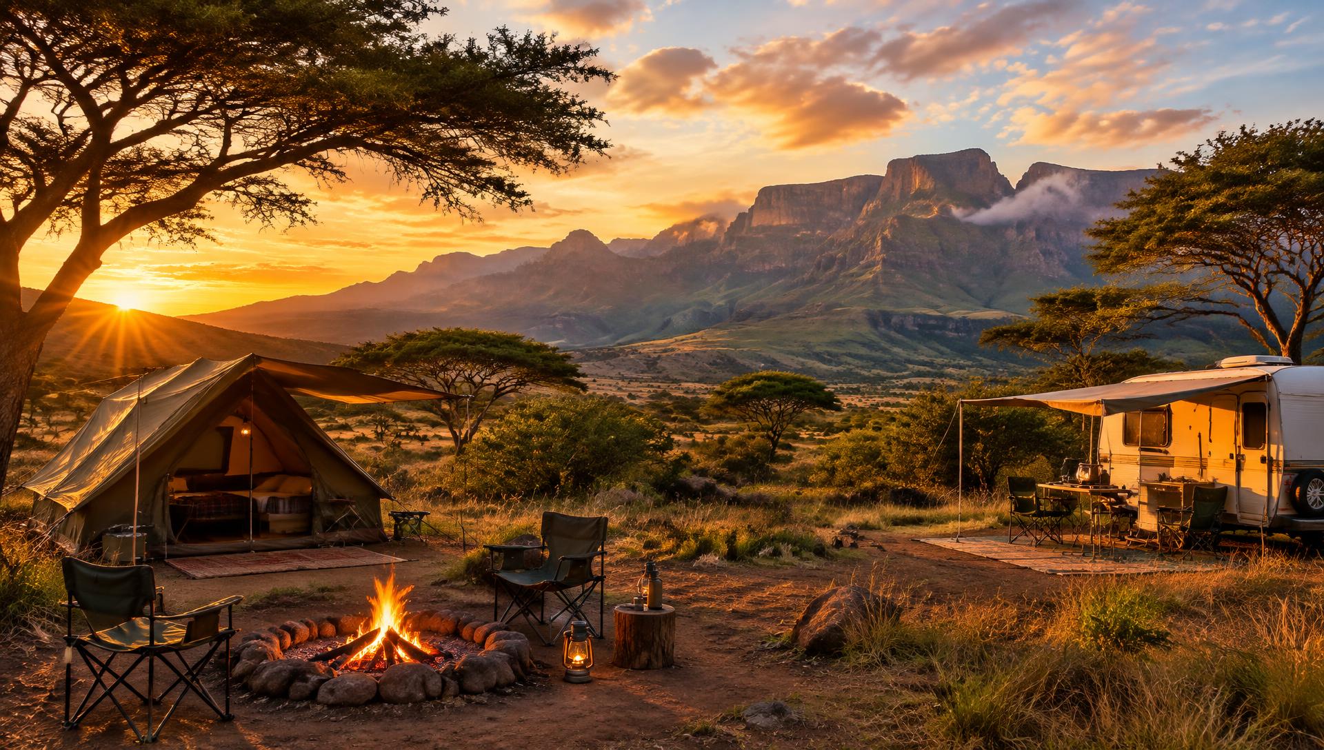 Tents and a caravan at a mountain campsite at sunset
