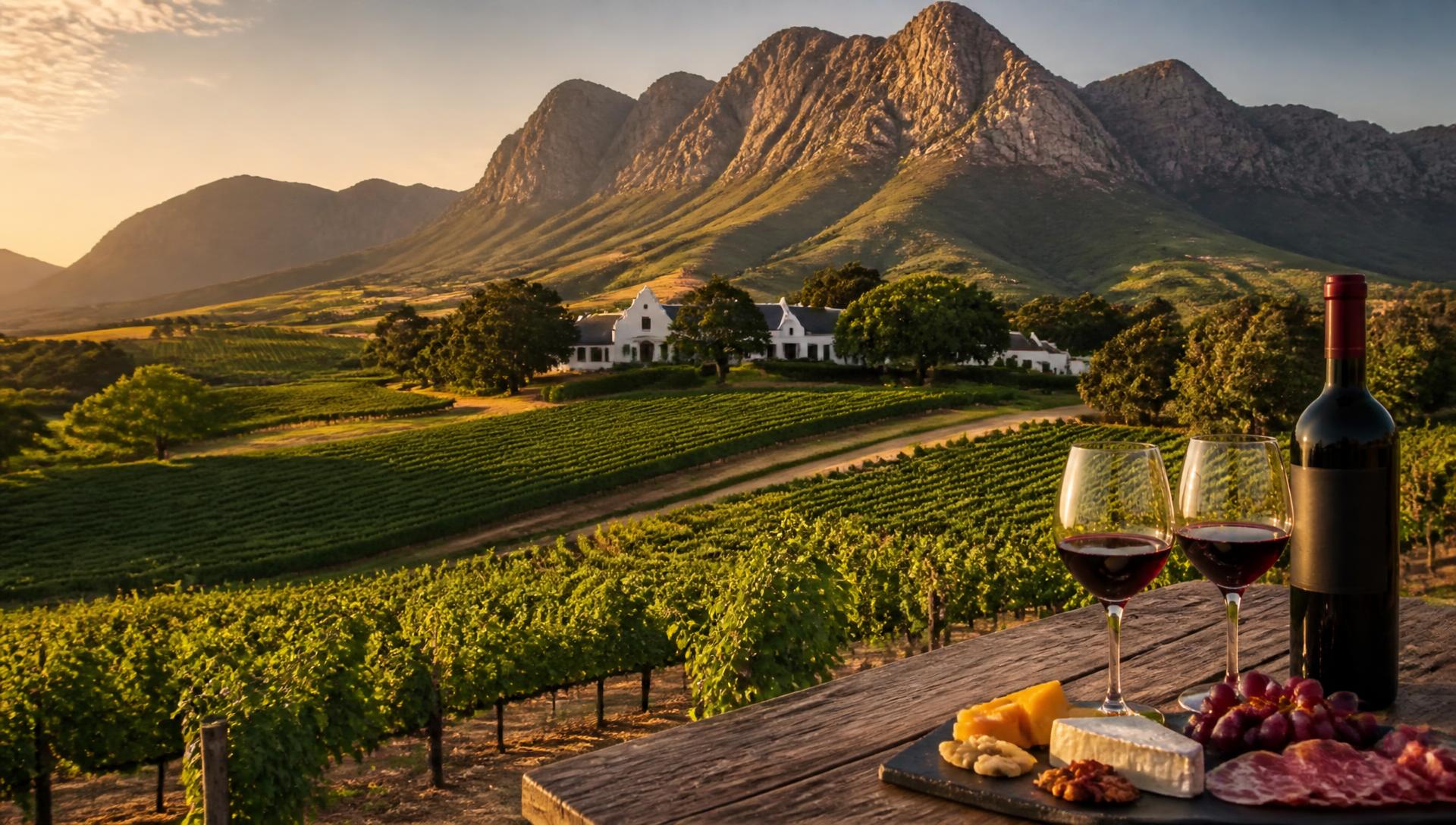 Cape Winelands at golden hour — vineyard rows, a Cape Dutch wine estate, mountains and a tasting table with red wine and a cheese board