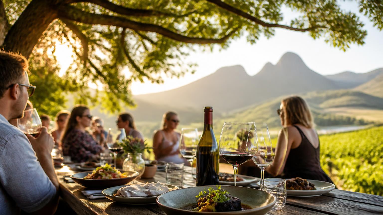 Long table lunch on a Cape wine farm terrace with food and red wine overlooking the vineyards