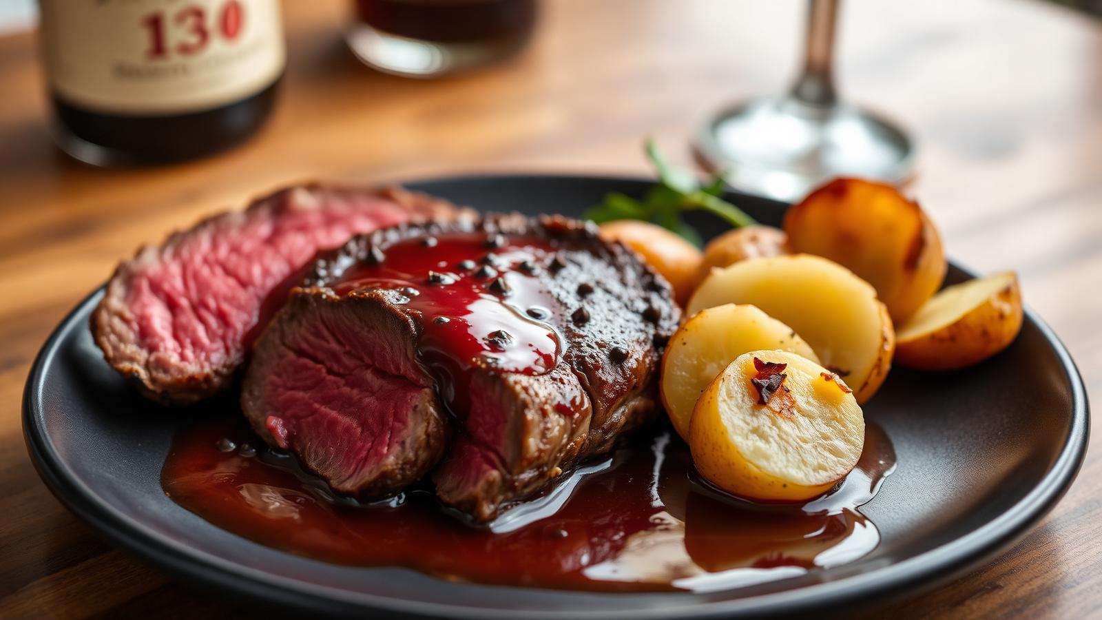Ribeye with Red Wine & Peppercorn Sauce